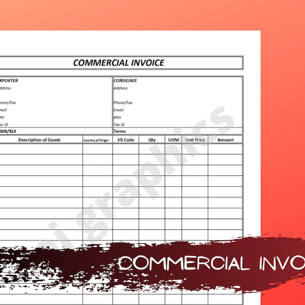 Printable Commercial Invoice Template in Excel / Business form template / Instant Digital Download