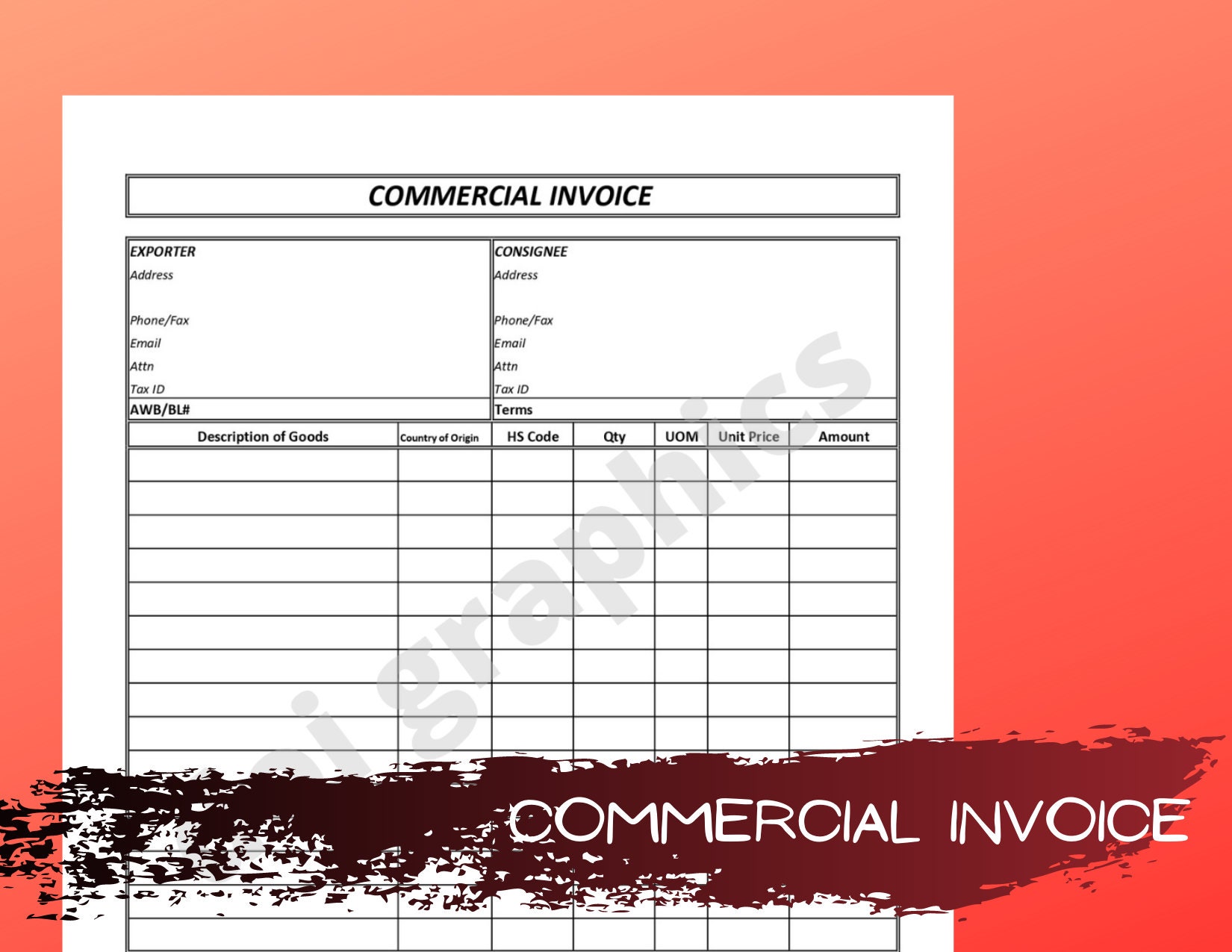 printable commercial invoice template in excel business form etsy