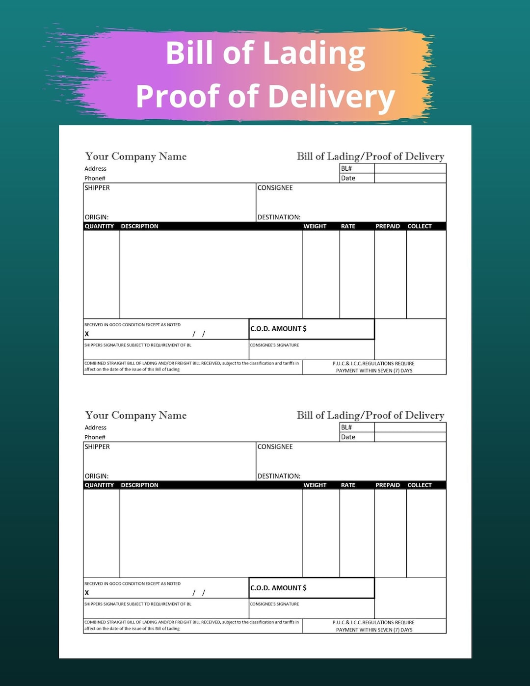 Bill of Lading Template / Printable Proof of Delivery / Business Form Bill of Lading Template / Printable Proof of Delivery / Business Form