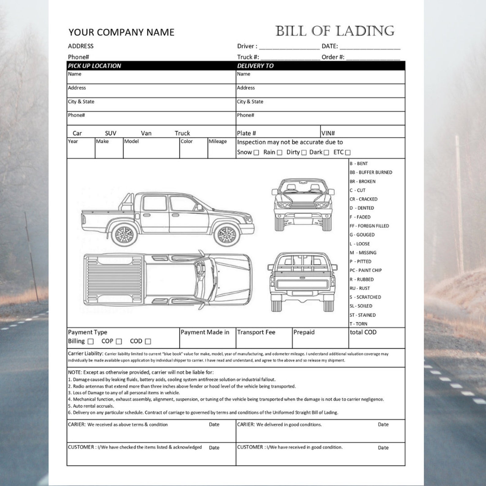 Truck Bill of Lading Template / Printable / Business Form Template