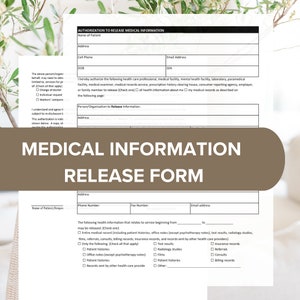 Genehmigung zur Freigabe medizinischer Informationen / Druckbarer, bearbeitbarer Sofortdownload / Freigabeformular für die Krankenakte / 2-seitiges Excel-Dokument