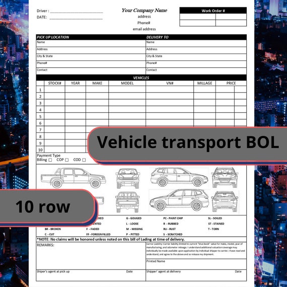 Minder Bisschop bang Vehicle Bill of Lading Template 10 Rows / Editable /printable - Etsy