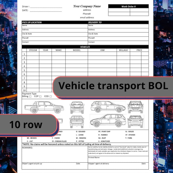 Vehicle Bill of Lading template 10 rows / Editable /Printable / BOL Digital Download / Automobile Transportation Excel