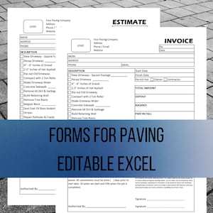 May include: Editable forms for paving services. The form includes sections for a new driveway, recap driveway, gravel, asphalt, and more. The form also includes sections for total amount, deposit, balance, and paid in full.