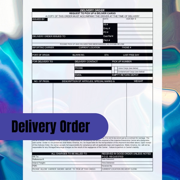 Delivery Order template / Port Pick-up Order Printable / Dispatch form template / DO Digital Download / Editable Pick up Order form/ Excel