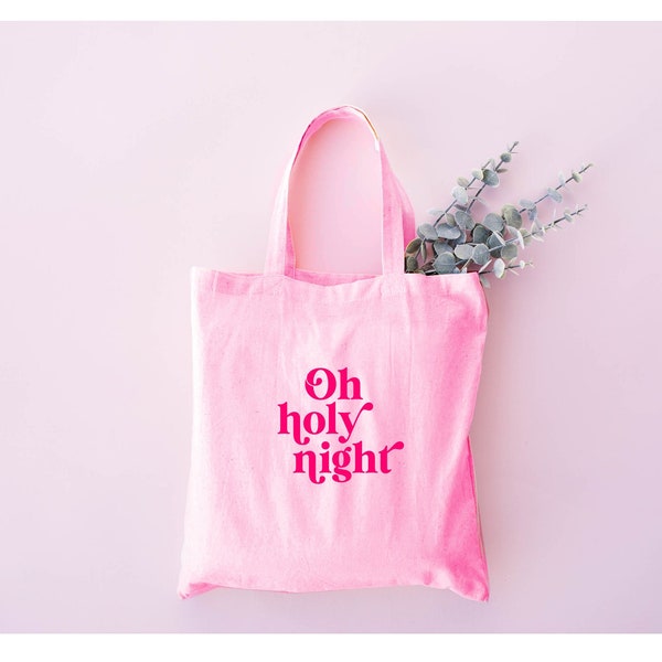 Einkaufstasche Weihnachten "Oh Holy Night" // Typografie // Rosa Stoff // Aufdruck Neon Pink // lange Träger // Nachhaltig Verpacken