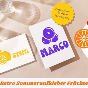 Personalisierte Aufkleber mit Name // Retro Früchte knallig // Sommerparty // Gartendeko // Partydeko // Glas // Lila Gelb Orange Rot