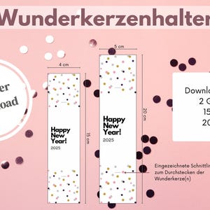 May include: Printable digital download for two sizes of New Year's Eve party favor boxes. The boxes are white with a confetti pattern and the text "Happy New Year! 2025". The boxes are 15x4 inches and 20x5 inches.