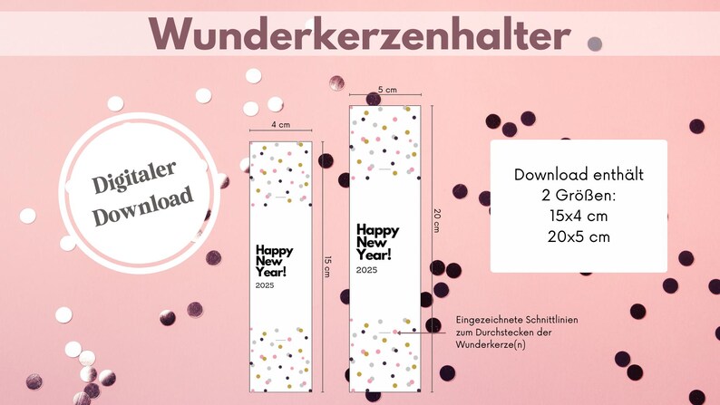 May include: Printable digital download for two sizes of New Year's Eve party favor boxes. The boxes are white with a confetti pattern and the text "Happy New Year! 2025". The boxes are 15x4 inches and 20x5 inches.