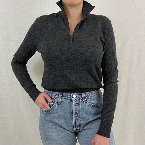 Vintage Charcoal Grey Ralph Lauren Quarter- Zip Sweater