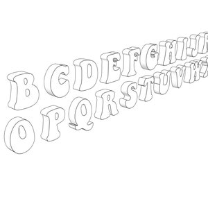 May include: A black and white outline of the alphabet in a 3D, cartoon style font.