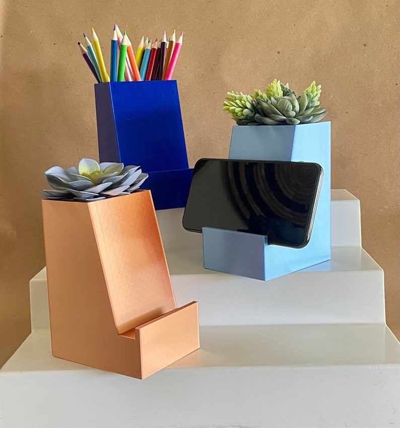 Modern Phone Stand 3d Printed Copper Finish Desk Holder Etsy