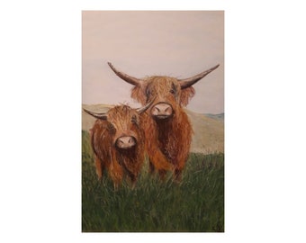 Highland Cows original soft pastel, cow artwork, unframed art, original art, soft pastel art, cow painting, wall art hanging, gift idea