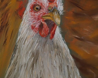 Hen original soft pastel, white chicken artwork, unframed art, original art, soft pastel art, hen painting, white hen wall art, gift idea