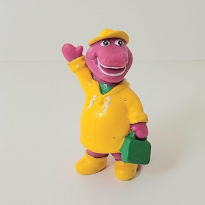 Barney the Purple Dinosaur PVC 2.25&quot; Figure Cake Topper Yellow Raincoat Waving