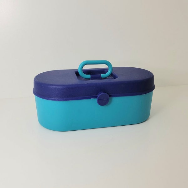 Vintage 90's Caboodle Style Travel Case Box Makeup Small 8" Teal Purple Cosmetic