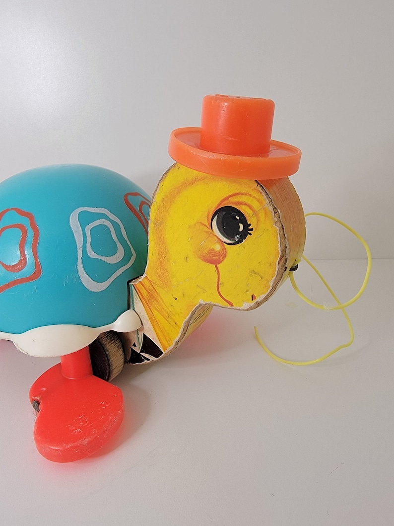 Vintage 1962 Fisher Price Tip Toe Turtle Pull Along Toy 773 Music Bell