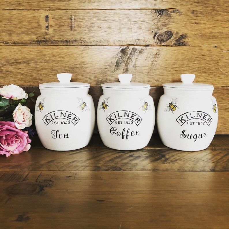 White Bee Tea Coffee Sugar Canisters Bumble Bee Jars Etsy
