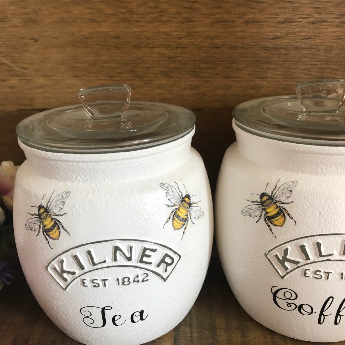 White Bee Tea Coffee Sugar Canisters Bumble Bee Jars Etsy