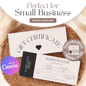 Editable Gift Certificate Template, Printable Gift Voucher, Canva Editable Gift Certificate, Small Business Supplies, Printable Gift Card