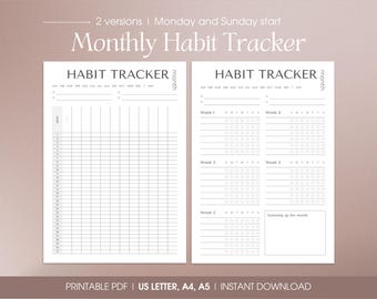 Pode incluir: Um rastreador de hábitos imprimível em preto e branco com duas versões, uma começando na segunda-feira e outra no domingo. O texto "Monthly Habit Tracker" está no topo. O texto na parte inferior diz "PDF para impressão | US Letter, A4, A5 | Download instantâneo."