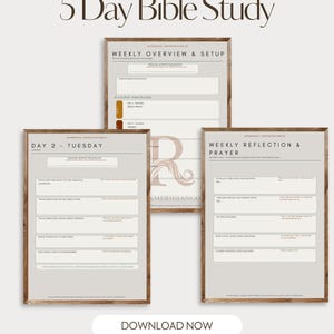 May include: A digital download titled "5 Day Bible Study" with three framed pages. The pages include sections for weekly overviews, daily reflections, and prayer. The design is neutral with a light color palette and text that reads "Download Now."