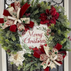Christmas Wreath for your door, Traditional evergreen holiday decorations, Poinsettia red and white Christmas decor