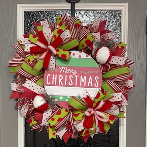 Red, White and Lime Deco Mesh Wreath/christmas Wreath/lime, White and Red  Wreath/holiday Lime and Red Wreath 