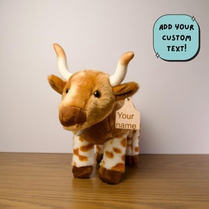 Personalized Standing Longhorn Plush, Laser Engraved Wooden Tag