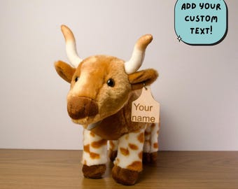 Personalized Standing Longhorn Plush, Laser Engraved Wooden Tag