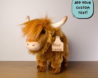Personalized Highland Cow Plush, Laser Engraved Wooden Tag, Western Gift