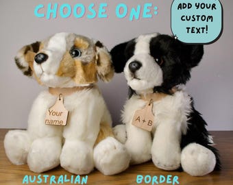 Personalized Australian Shepherd and Border Collie Dog Plush with Laser engraved collar