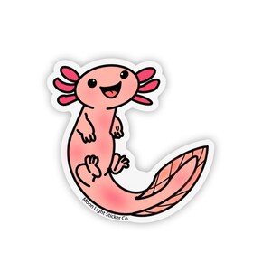 May include: A pink axolotl with a happy expression, with a white outline and a pink tail. The axolotl is standing on its hind legs and has a white background. The text "Moon Light Sticker Co." is at the bottom of the image.