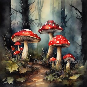 Forêt féerique champignon vénéneux, peinture imprimable, motif de serviettage, décoration d'intérieur, art mural, carte, papier artisanal, journal éphémère, technique mixte, conception 0109