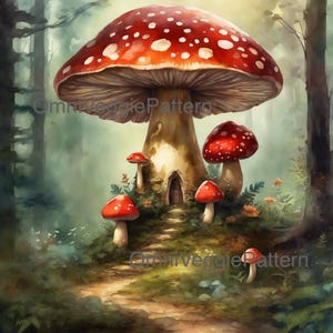 Forêt féerique champignon vénéneux, peinture imprimable, motif de serviettage, décoration d'intérieur, art mural, carte, papier, création de journal, technique mixte, conception 0107