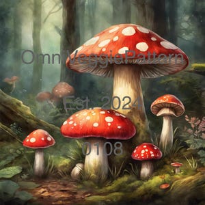 Forêt féerique champignon vénéneux, peinture imprimable, motif de serviettage, décoration d'intérieur, art mural, carte, papier, création de journal, technique mixte, conception 0108