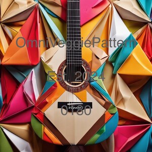 Guitarra de origami, arte moderno japonés, colorido, para imprimir, pintar, decoupage, patrón, decoración del hogar, arte de pared, tarjeta, papel, manualidad, diario, efímera 0180