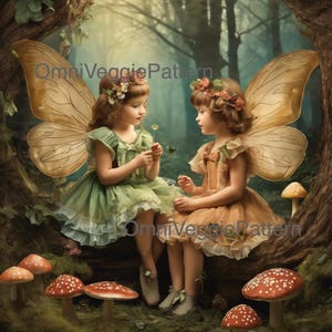 Fée forêt anges champignon vénéneux, peinture imprimable, motif de serviettage, décoration d'intérieur, art mural, carte papier, création de journal, technique mixte, éphémères 0111