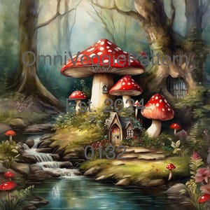 Forêt féerique champignon vénéneux, peinture imprimable, motif de serviettage, décoration d'intérieur, art mural, carte papier, création de journal, conception technique mixte, éphémères 0132