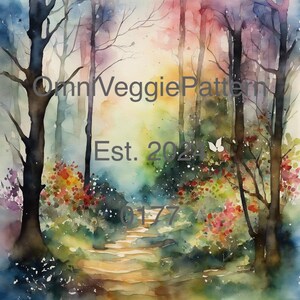 Floresta de contos de fadas para impressão, aquarela, tinta, decoupage, padrão, decoração para casa, arte de parede, cartão, papel, artesanato, diário, itens efêmeros, mídia mista 0177