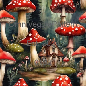 Forêt féerique champignon vénéneux, peinture imprimable, motif de serviettage, décoration d'intérieur, art mural, carte papier, création de journal, conception technique mixte, éphémères 0132