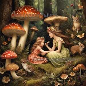 Fée forêt anges champignon vénéneux peinture imprimable découpage motif décoration murale art carte papier artisanat journal éphémères techniques mixtes 0112
