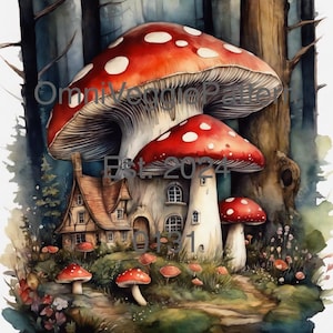 Forêt féerique champignon vénéneux, peinture imprimable, motif de serviettage, décoration d'intérieur, art mural, carte, papier, création de journal, technique mixte, conception 0131