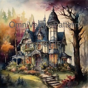 Castillo de bosque de hadas, patrón de acuarela para decoupage, imprimible, decoración del hogar, arte de pared, cartulina, papel, diario, efímera, diseño de técnica mixta 0135