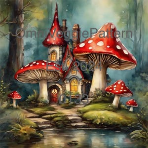 Forêt féerique champignon vénéneux, peinture imprimable, motif de serviettage, décoration d'intérieur, art mural, carte papier, création de journal, technique mixte, conception 0133
