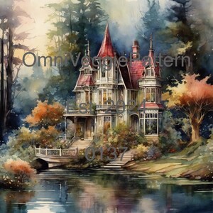 Castillo de bosque de hadas, patrón de acuarela para decoupage, imprimible, decoración del hogar, arte de pared, cartulina, papel, diario, efímera, diseño de técnica mixta 0137