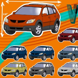 May include: A selection of car stickers showcasing the Pontiac Vibe in different colours. The main sticker is orange, measuring 8.4 cm wide and 5.1 cm tall, with the word "VIBE" in the upper right corner.