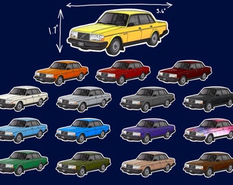 May include: A set of 16 car stickers, each featuring a vintage Volvo 240 in a different color. The stickers are 3.6 inches wide and 1.7 inches tall.