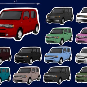 May include: A collection of colorful car stickers, each approximately 3 inches long and 2 inches high. The stickers feature a boxy car design in various colors, including red, black, green, and blue, with white outlines and a dark blue background.