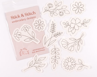 Botanical Stick and Stitch, Water Soluble Patterns, Stick On Embroidery Kit, Floral Hand Embroidery, Flower Designs, Christmas Gifts for Her